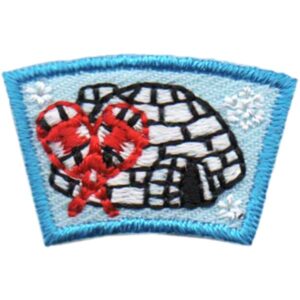 The Snowshoes Igloo Segment Patch features an embroidered design with a blue border, white igloo, two crossed red snowshoes, and two white snowflakes on a light blue background.