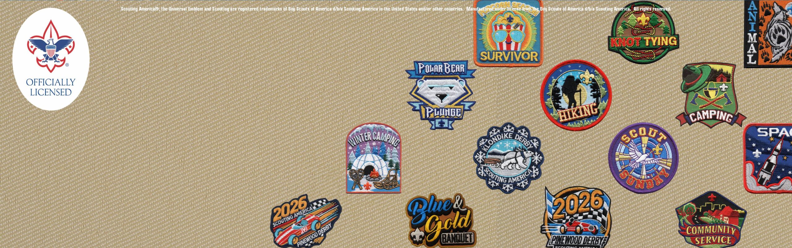 A tan background with assorted colorful scouting patches, including badges for Survivor, First Aid, Blue & Gold, Space, Knot Tying, Pinewood Derby, Community Service, 2026, and more. Officially Licensed logo in top left.