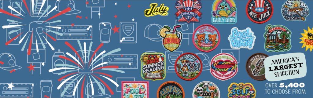 Colorful embroidered patches with summer and patriotic themes are displayed on a blue background with white outline drawings of camera equipment and fireworks. Text reads “America’s Largest Selection” and “Over 5,400 to choose from.”.