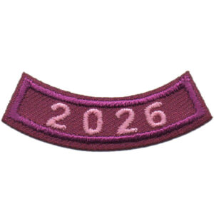 A purple embroidered patch shaped as a curved bar, featuring the year "2025" in light pink thread.
