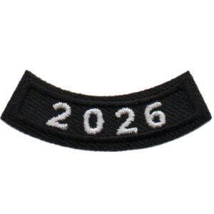 A black fabric patch featuring the white embroidered numbers "2025" in the center, shaped in a slight arc. Product name: 2025 Black Year Rocker Patch (Copy).