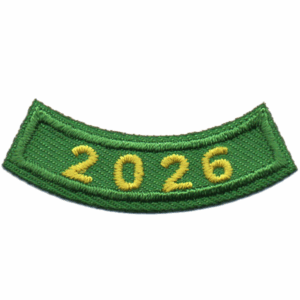 The 2026 Green Year Rocker Patch is a rectangular patch with curved edges, featuring yellow "2026" embroidery on a green background—ideal for uniforms or scouting.