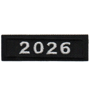 The 2026 Black Year Bar Patch is a black rectangular fabric patch featuring "2026" embroidered in white thread across the center.