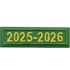 A rectangular green patch called the "2025-2026 Green Year Bar Patch," featuring embroidered yellow text that reads "2025-2026.