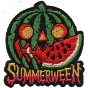 The Pumpkin Head (GITD) Patch features a watermelon carved like a jack-o’-lantern with a jagged grin and round eyes, above bold, dripping yellow "SUMMERWEEN" text.