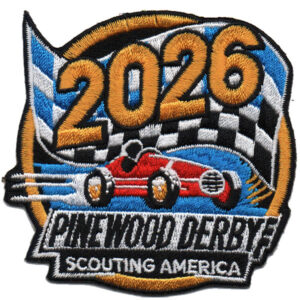 The 2025 Pinewood Derby Rim Patch features "2025" above a red race car, a checkered flag, and "Pinewood Derby, Scouting America" text below, symbolizing the excitement of Scouting America's racing event.