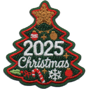 The Christmas Patch (Copy) is an embroidered patch shaped like a tree, featuring ornaments, a gold star, "2025 Christmas" in white thread, plus a candy cane, snowflake, and holly at the base.