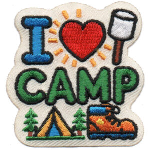 The I Love Camp Patch features “I ♥ CAMP” with a marshmallow on a stick, tent, pine trees, and hiking boot—perfect for showing your love of camping and the outdoors.