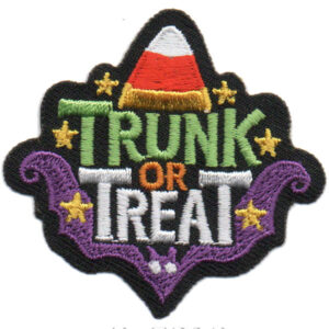 Trunk Or Treat Patch (Copy) features "Trunk or Treat" text, a candy corn detail, yellow stars, and purple accents on a black background.