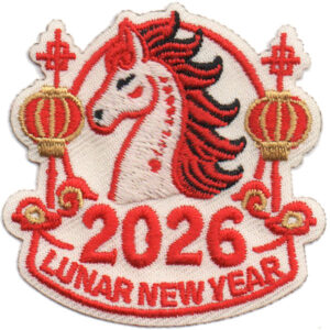 The 2026 Lunar New Year Patch showcases a horse's head, red lanterns, and bold "2026 LUNAR NEW YEAR" text, representing the Year of the Horse in the Chinese zodiac.