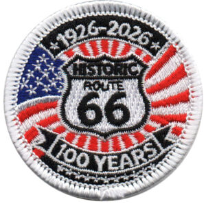The Road Trip Patch (Copy) is a round embroidered patch featuring the U.S. flag background, "HISTORIC ROUTE 66" in the center, and "1926-2026" above "100 YEARS" below to celebrate the highway's centennial.