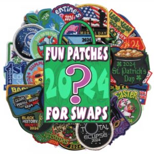 A vibrant mix of 2024 Dated Fun Patches for Swaps, each with unique themes, surrounds a green bag labeled "Fun Patches for Swaps?" in bold, playful text.