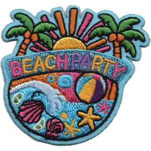 The Beach Party Patch (Copy) is a colorful embroidered patch with palm trees, a sunset, “BEACH PARTY” text, seashells, a beach ball, a wave, and starfish on a blue background.