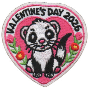 Heart-shaped embroidered patch featuring a cute black and white ferret with flowers and “2025 Valentine’s Day” on a pink background.