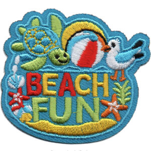 The Beach Party Patch features a sea turtle, beach ball, seagull, coral, shells, and "BEACH FUN" in bold letters on a vibrant blue background.