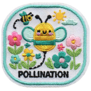 The Galentine's Day Patch (Copy) is a rounded rectangular embroidered patch featuring a smiling bee, colorful flowers, a sun, cloud, and "Pollination" at the bottom, all bordered in light blue.