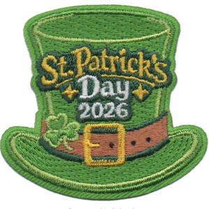 A green embroidered hat patch with a brown belt, gold buckle, shamrock, and "2026 St. Patrick's Day Parade" in yellow and white lettering.