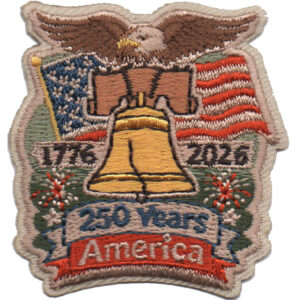 The 250 Years America Patch (Copy) features an eagle, the Liberty Bell, U.S. flags, "1776-2026," fireworks, and a "250 Years America" banner to celebrate America's 250th anniversary.