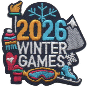 The Olympics (Hand W/ Torch) Patch features colorful embroidery of "2026 Winter Games" with winter items—glove, hat, scarf, snowflake, mountains, ice skate, and ski goggles—on a dark background.