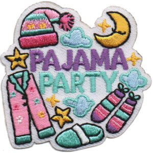 The "Pajama Party (Copy)" embroidered patch features pastel pajama set, slippers, socks, nightcap, stars, clouds, and a crescent moon surrounding the words "Pajama Party.