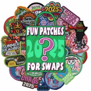 An array of 2025 Dated Fun Patches for Swaps featuring embroidered designs for summer reading, Halloween, and Christmas, surrounding a bag labeled "Fun Patches 2025 for Swaps" in bold letters.