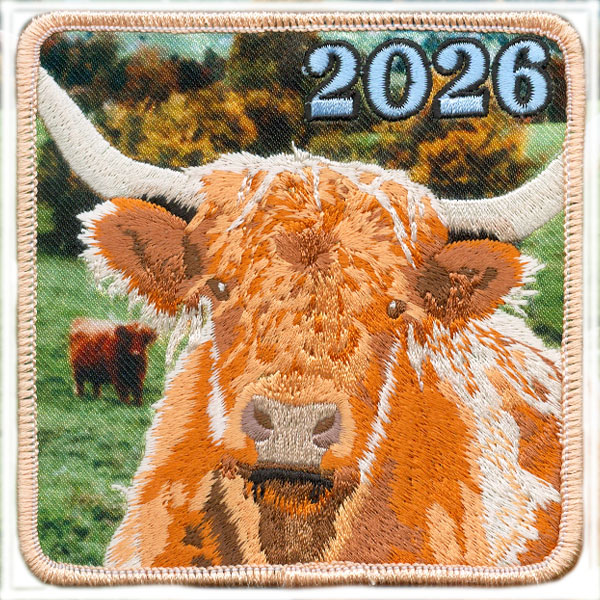 An embroidered patch features a Highland cow with large horns and shaggy fur in the foreground, a second cow in the background, and "2026" stitched in blue at the top right. The border is light tan.