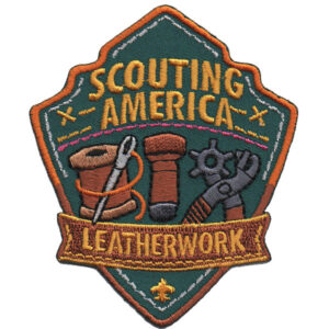 The Leatherwork Scouting America patch features "Scouting America" at the top, "Leatherwork" on a banner, and images of a thread spool, mallet, and leatherworking tool on a green and orange shield.