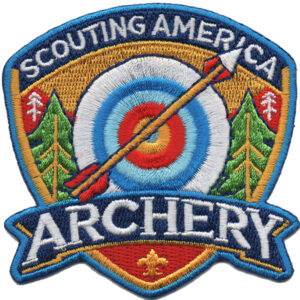 Embroidered Leatherwork Scouting America patch featuring a target, arrow, trees, and “ARCHERY” below, in blue, red, green, and gold.