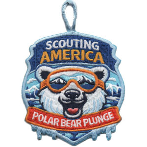 The Polar Bear Plunge (Copy) embroidered badge shows a smiling polar bear in orange goggles, mountains behind, "Scouting America" above, and "Polar Bear Plunge" on a red banner below.
