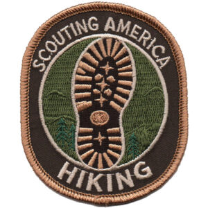 The Hiking Patch (Copy) features "Scouting America Hiking" around a tan boot print on a green and brown background with a tan border.
