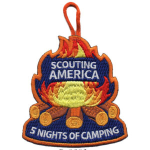 The Camping Patch (Copy) features an embroidered campfire with flames, logs, and a hanging loop. "SCOUTING AMERICA" and "5 NIGHTS OF CAMPING" are stitched in white letters on the patch.