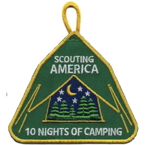 A triangular green scout patch with a yellow border, featuring a tent, trees, stars, and crescent moon. "SCOUTING AMERICA" is at the top and "5 NIGHTS OF CAMPING" is at the bottom.