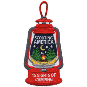The 15 Nights of Camping Scouting America Patch is a red lantern-shaped embroidered patch with pine trees, a campfire, and crescent moon. It features the text "Scouting America" and "15 Nights of Camping.