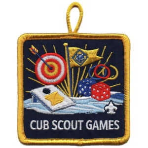 Embroidered Polar Bear Plunge (Copy) badge with a yellow border, featuring a target with an arrow, a yellow flag, cornhole board, dice, and "POLAR BEAR PLUNGE (COPY)" text on a blue background.