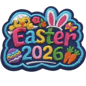 The 2025 Easter Patch features a chick, flowers, bunny ears, decorated egg, and carrots with colorful "Easter 2026" text on a blue background.