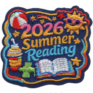 The 2025 Summer Reading Patch (Copy) features "2026 Summer Reading" text, a sun with sunglasses, beach ball, drink with straw, stars, open book, and colorful borders on a dark blue background.