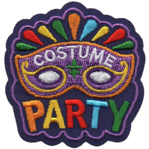 The Costume Party Patch features a colorful mask, "COSTUME" above it, "PARTY" in bold multicolored letters below, and vibrant rays on a dark background.