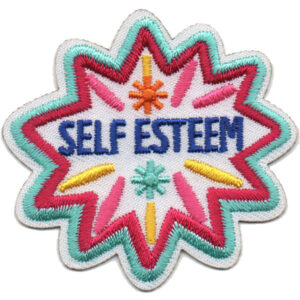 The Fun to Be Me Patch (Copy) is a starburst-shaped embroidered patch featuring "SELF ESTEEM" in blue, colorful accents, and a border in red, teal, and white.