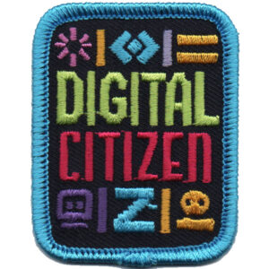 The Cyber Challenge Patch (Copy) is an embroidered patch with blue trim, "DIGITAL CITIZEN" in green and red, and colorful abstract shapes on a black background.