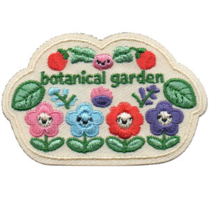 The Botanical Garden Patch (Copy) features embroidered flowers, leaves, and a red berry with the words "botanical garden" on a cream background.