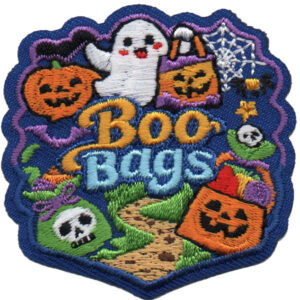 Scare Hunger Away Patch (Copy): Embroidered patch with "Boo Bags" text, a ghost, jack-o'-lanterns, treat bags, spider web, candy, and stars on a blue Halloween-themed background.