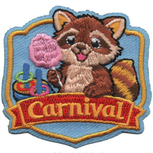 The Carnival Patch (Copy) features a cute raccoon holding pink cotton candy, colorful rings in the background, and “Carnival” in yellow letters on a red banner at the bottom.