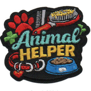 The Pet Care Patch (Copy) features a red paw print, comb, brush, pet collar, food bowl, and "Animal Helper" in colorful letters on a black background.