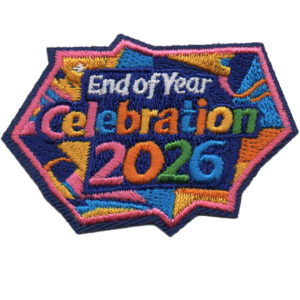 The End of the Year Party Patch features "End of Year Celebration 2026" in bright letters on a blue background with multicolored confetti and a pink border.