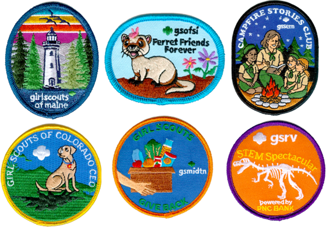 Six colorful embroidered Girl Scout badges, each with different illustrations: a lighthouse, a ferret, children around a campfire, a dog, a basket of groceries, and a dinosaur skeleton.