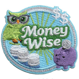 The Money Wise Patch (Copy) features an owl with glasses, stacks of coins, a purple piggy bank with a coin, dollar signs, and "Money Wise" text in the center on a blue background.
