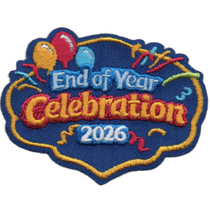 The 2026 End of the Year Celebration (Copy) patch features balloons, streamers, and "End of Year Celebration 2026" text on a vibrant blue background with a yellow border.