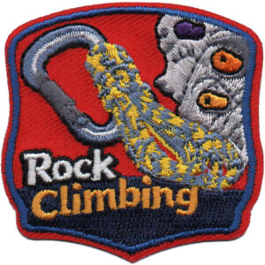 The Rock Climbing Patch (Copy) features embroidery of a carabiner, climbing rope, rock wall with colored holds, and the words "Rock climbing" on a red and blue background.