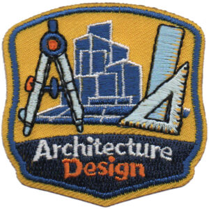 The Architecture Design Patch (Copy) features "Architecture Design" text, a drawing compass, triangular ruler, and geometric buildings on a yellow and blue background.