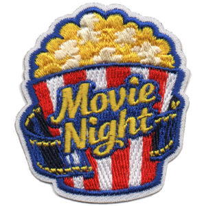 The Movie Night Patch features a red and white striped popcorn bucket with yellow popcorn, gold "Movie Night" text, and dark blue film reels on each side.